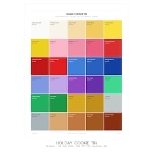 May include: A color palette titled "Holiday Cookie Tin" featuring 30 color swatches. Each swatch is a different color, with names like "Sugar Icing White", "Frosting Cream", and "Butter Yellow". The palette includes HEX, RGB, CMYK, PNG, PDF, SVG, Swatches, and ASE.