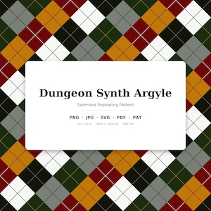 May include: A seamless repeating argyle pattern featuring a diamond grid in dark green, mustard yellow, deep red, white, and gray. A white rectangular overlay displays the text Dungeon Synth Argyle, Seamless Repeating Pattern, PNG, JPG, SVG, PDF, PAT, 12 x 12 in, 3600 x 3600 px, 300 DPI.