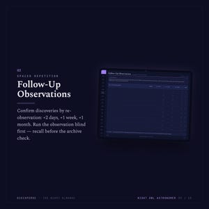 May include: A dark-themed digital interface titled Follow-Up Observations, featuring a table for tracking astronomical data. Text includes 03 Spaced Repetition, instructions for re-observation intervals, and the footer Digisperse The Night Almanac.