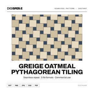 Pode incluir: Um padrão sem costuras com um design de mosaico pitagórico com quadrados grandes alternados em tons de bege e aveia, intercalados com pequenos quadrados azul-marinho escuro. O texto diz DIGISPERSE, SEAMLESS PATTERN, INSTANT, GREIGE OATMEAL PYTHAGOREAN TILING, Seamless repeat, 5 file formats, Commercial use, PAT, PNG, JPG, SVG, PDF.