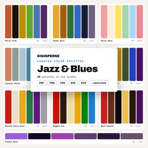 Colección de esquemas de color para clubes de jazz, 10 paletas de colores para salones de blues para carteles musicales, portadas de vinilos e interiores de bares con ambiente ahumado.