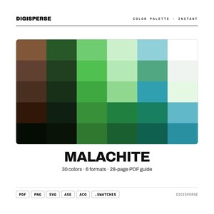 May include: A digital colour palette guide titled MALACHITE by DIGISPERSE, featuring a grid of 30 squares in shades of brown, green, teal, and white. The text includes 30 colours, 6 formats, 28-page PDF guide, and file types PDF, PNG, SVG, ASE, ACO, .SWATCHES.