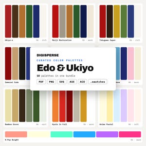 Può includere: Una collezione digitale di tavolozze di colori curate intitolata DIGISPERSE Edo & Ukiyo, che presenta dieci set distinti di campioni di colore in vari formati tra cui PDF, PNG, SVG, ASE, ACO e .swatches, visualizzati come barre rettangolari.