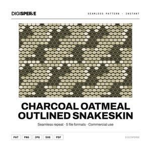 May include: A digital graphic featuring a seamless pattern of charcoal and oatmeal coloured circles arranged in a snakeskin-like design. The text DIGISPERSE, SEAMLESS PATTERN, INSTANT, and CHARCOAL OATMEAL OUTLINED SNAKESKIN are visible on the image.