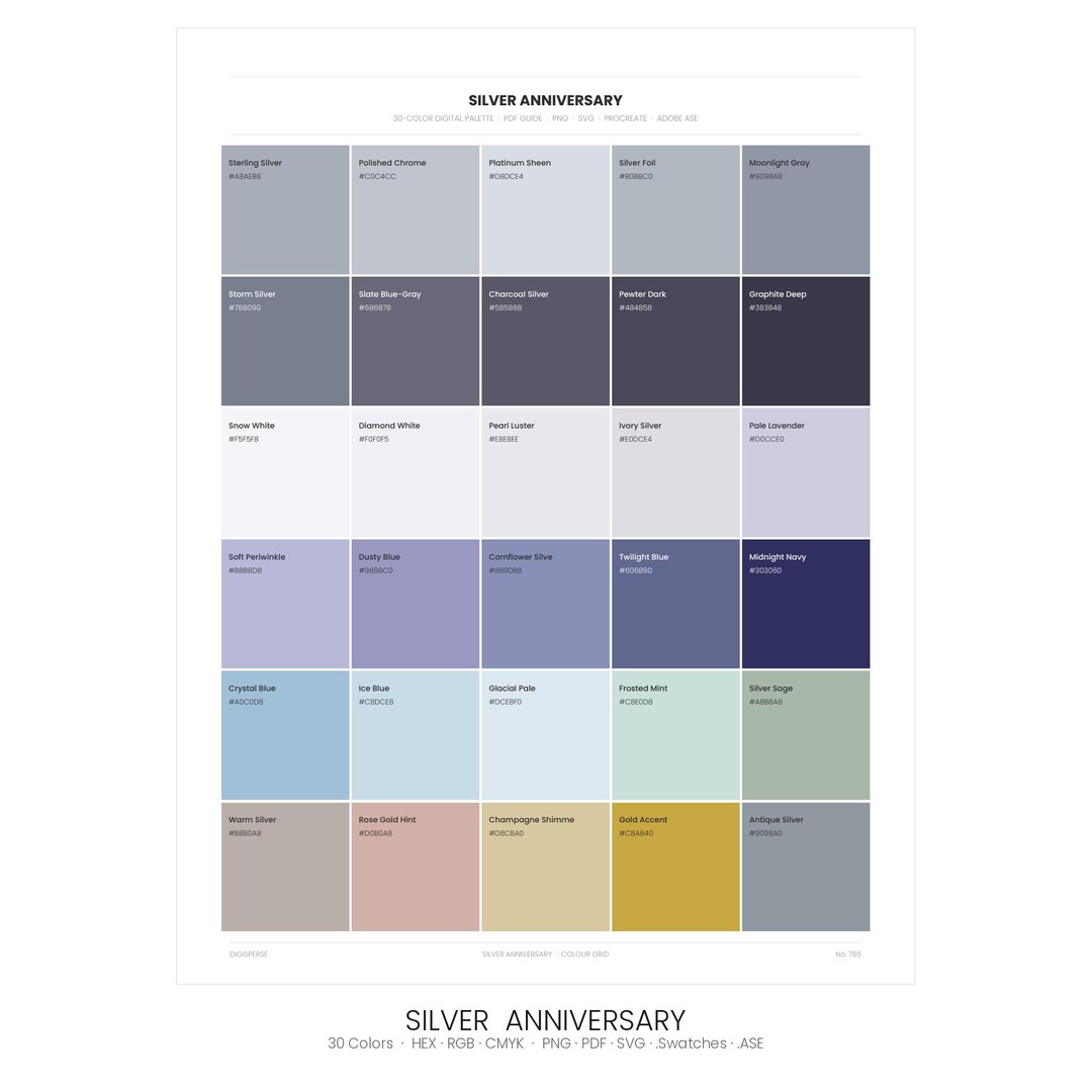 Silver Anniversary Color Palette | 30 Colors | Hex RGB CMYK | Procreate ...