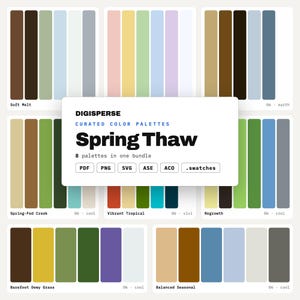 Può includere: Una collezione digitale di otto palette di colori intitolata Spring Thaw di Digisperse. Il pacchetto include i formati di file PDF, PNG, SVG, ASE, ACO e .swatches. Ogni palette mostra cinque barre di colore distinte con varie tonalità naturali.