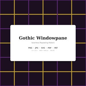 Könnte beinhalten: Eine digitale Grafik mit einem nahtlosen, sich wiederholenden Muster aus einem dunkelvioletten Gitter mit dünnen goldenen Linien. Ein weißes Rechteck zeigt den Text Gothic Windowpane, Seamless Repeating Pattern, PNG, JPG, SVG, PDF, PAT, 30,48 x 30,48 cm, 3600 x 3600 px, 300 DPI.
