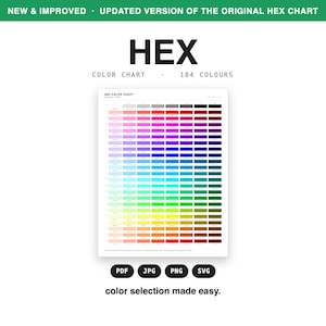 Può includere: Una tabella colori HEX digitale che mostra 184 campioni di colore distinti disposti in una griglia. Il testo recita NEW & IMPROVED, UPDATED VERSION OF THE ORIGINAL HEX CHART, HEX COLOR CHART, 184 COLOURS, PDF, JPG, PNG, SVG, e color selection made easy.