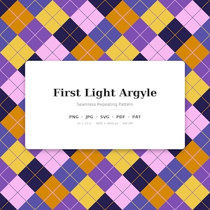 May include: A seamless repeating argyle pattern featuring a grid of diamonds in shades of mustard yellow, light pink, deep purple, and navy blue. A white rectangular overlay displays the text First Light Argyle, Seamless Repeating Pattern, PNG, JPG, SVG, PDF, PAT, 12 x 12 in, 3600 x 3600 px, 300 DPI.