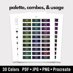 Könnte beinhalten: Ein Stapel weißer Papierbögen mit Farbpaletten und dem Text "palette, combos, & usage". Jede Palette zeigt Farbfelder mit Namen und Farbcodes. Der untere Teil des Bildes lautet "30 Colors PDF • JPG • PNG • Procreate".