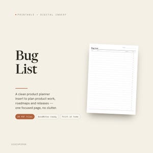 Puede incluir: Una hoja de planificación digital imprimible titulada Bug List, con una página blanca limpia con líneas negras y columnas para fecha, elemento, prioridad y estado. El texto incluye Printable, Digital Insert y 24 PDF files.