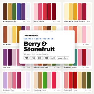 Può includere: Un pacchetto digitale di 12 tavolozze di colori curate intitolato Berry & Stonefruit di Digisperse. Ogni tavolozza presenta cinque campioni di colore distinti con nomi come Blueberry Picking, Cherry Compote, Fig & Honey, Plum Wine e Strawberry Matcha.