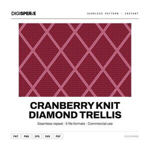 May include: A digital graphic featuring a cranberry red knit texture with a repeating diamond trellis pattern formed by lighter pink cable knit lines. The text reads DIGISPERSE, SEAMLESS PATTERN, INSTANT, CRANBERRY KNIT DIAMOND TRELLIS, and file formats.