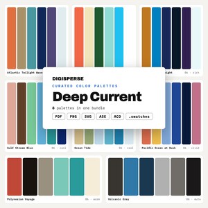 Può includere: Un pacchetto digitale di otto tavolozze di colori curate intitolato Deep Current di Digisperse. L'immagine mostra vari campioni di colore rettangolari in tonalità di blu, verde, arancione e grigio, con etichette di formato file PDF, PNG, SVG, ASE e ACO.