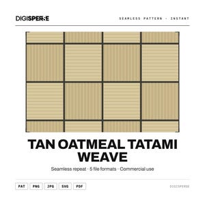 以下が含まれることがあります： DIGISPERSEによる「TAN OATMEAL TATAMI WEAVE」というタイトルのデジタルシームレスパターン画像。このデザインは、水平および垂直の線テクスチャが交互に配置されたタン色の正方形のグリッドで構成され、細い黒い線で区切られており、5つのファイル形式で提供されています。