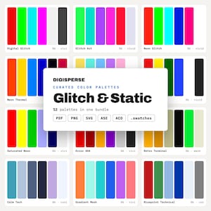 Può includere: Una collezione digitale di 12 palette di colori intitolata Digisperse Glitch & Static. L'immagine mostra vari campioni rettangolari in tonalità vivaci, inclusi colori neon, primari e pastello, con etichette di formato PDF, PNG, SVG, ASE, ACO e .swatches.