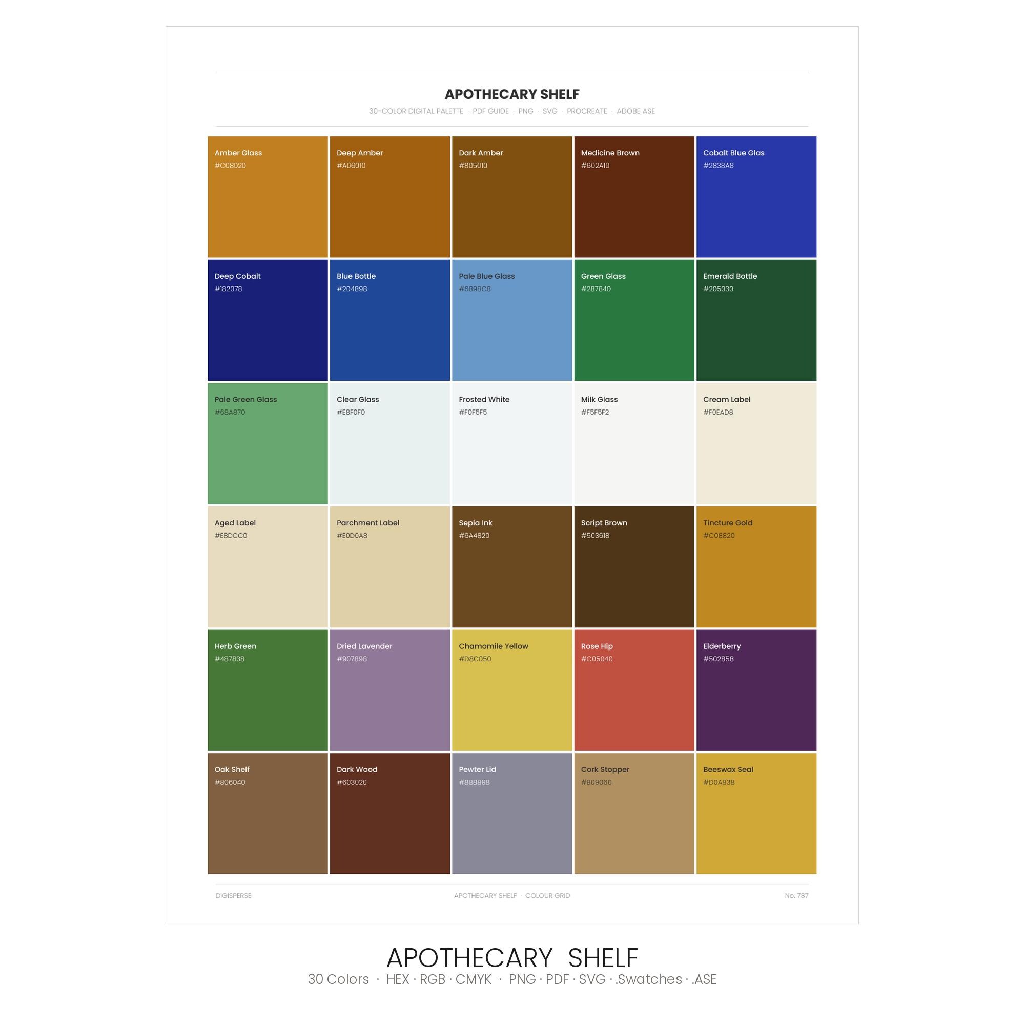 Apothecary Shelf Color Palette | 30 Colors | Hex RGB CMYK | Procreate ...