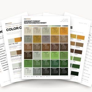 Paleta de colores de bosque profundo para arte de bosque encantado y marcas con tonos tierra, 30 tonalidades de verde musgo antiguo, muestras de Procreate, códigos hexadecimales.
