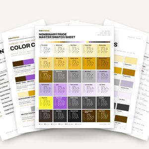 Odważna paleta kolorów dla sztuki flagowej osób niebinarnych i brandingu LGBTQ, 30 odcieni żółci i fioletu, próbki Procreate