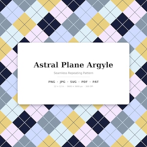 May include: A seamless repeating argyle pattern featuring a grid of diamonds in navy blue, mustard yellow, light blue, and pale pink. A white rectangular overlay displays the text Astral Plane Argyle, Seamless Repeating Pattern, PNG, JPG, SVG, PDF, PAT, 12 x 12 in, 3600 x 3600 px, 300 DPI.