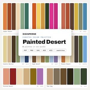 Puede incluir: Un paquete digital de ocho paletas de colores seleccionadas tituladas Painted Desert de Digisperse. La colección incluye varias muestras en tonos naranja, marrón, verde, rosa, azul y beige, presentadas en formatos de archivo PDF, PNG, SVG, ASE y ACO.