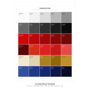 May include: A color palette chart titled "CONSTRUCTIVISM" featuring 30 color swatches. The palette includes shades of gray, red, blue, and gold, with color names and hexadecimal codes. The chart also lists color modes: HEX, RGB, CMYK, PNG, PDF, SVG, Swatches, and ASE.
