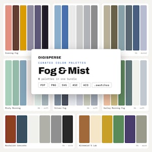 Può includere: Un pacchetto digitale di otto tavolozze di colori curate intitolate Fog & Mist di Digisperse. La collezione include vari campioni nei formati PDF, PNG, SVG, ASE, ACO e .swatches, con combinazioni come Evening Fog, Misty Morning, Silver Fog, Valley Morning Fog, Brutalist Concrete e Alchemist's Lab.