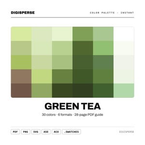 Può includere: Una tavolozza di colori digitale intitolata GREEN TEA di DIGISPERSE che presenta una griglia di 30 quadrati in varie tonalità di verde, giallo chiaro e marrone. Il testo include 30 colori, 6 formati, una guida PDF di 28 pagine e i formati PDF, PNG, SVG, ASE, ACO, .SWATCHES.