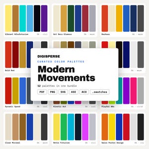 Può includere: Un pacchetto digitale intitolato DIGISPERSE Modern Movements contenente 12 tavolozze di colori curate. Ogni tavolozza mostra cinque campioni di colore distinti con etichette come Vibrant Afrofuturism, Bauhaus e Kinetic Art, inclusi i formati di file PDF, PNG, SVG, ASE, ACO e .swatches.