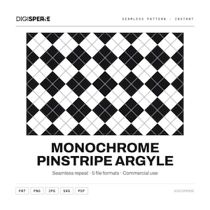 May include: A digital graphic featuring a monochrome pinstripe argyle pattern with black and white diamonds overlaid by thin gray lines. The text reads DIGISPERSE, SEAMLESS PATTERN, INSTANT, MONOCHROME PINSTRIPE ARGYLE, Seamless repeat, 5 file formats, Commercial use, PAT, PNG, JPG, SVG, PDF.