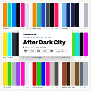 Può includere: Un pacchetto digitale di nove tavolozze di colori curate intitolate After Dark City di Digisperse. Ogni tavolozza presenta sei campioni di colore distinti. Il testo centrale include il titolo e i formati di file PDF, PNG, SVG, ASE, ACO e .swatches.