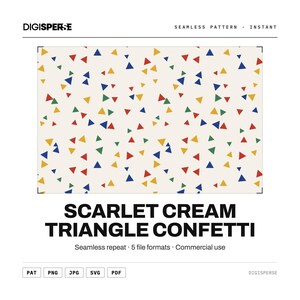 Könnte beinhalten: Ein nahtloses Muster mit cremefarbenem Hintergrund und verstreuten roten, blauen, grünen und gelben Dreiecken. Der Text DIGISPERSE, SCARLET CREAM TRIANGLE CONFETTI, SEAMLESS PATTERN, INSTANT, Seamless repeat, 5 file formats, Commercial use ist sichtbar.