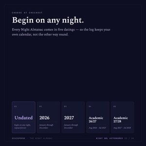 May include: A dark blue informational graphic titled Begin on any night. It lists five options for the Night Almanac: Undated, 2026, 2027, Academic 26/27, and Academic 27/28. The text explains that the log keeps your own calendar.