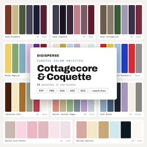 Pacchetto di palette di colori Cottagecore, 11 schemi delicati e civettuoli per moodboard estetiche, branding romantico e decorazioni da sogno per la stanza.
