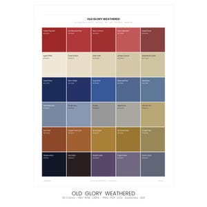 Peut inclure: Une palette de couleurs intitulée "OLD GLORY WEATHERED" présentant 30 couleurs. La palette comprend des nuances de rouge, de bleu, de beige et de gris, avec des noms de couleurs et des codes hexadécimaux. Le bas de l'image répertorie les types de fichiers.