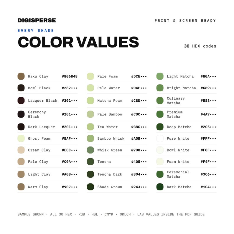 Matcha Ceremony Color Palette | 30 Colors | Hex RGB CMYK | Color Guide ...