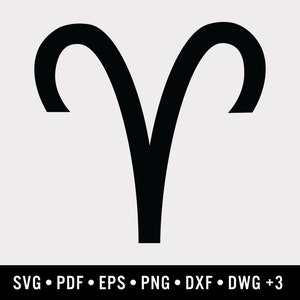 May include: A black Aries zodiac symbol on a white background. The symbol is a stylized V-shape with curved horns. The bottom of the image includes the text "SVG • PDF • EPS • PNG • DXF • DWG +3".