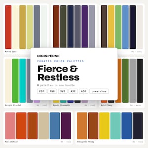 Può includere: Un pacchetto digitale di otto tavolozze di colori curate intitolato DIGISPERSE Fierce & Restless. La collezione include vari campioni rettangolari in diverse tonalità come rosso, giallo, verde, blu, viola e marrone, con i formati di file PDF, PNG, SVG, ASE, ACO e .swatches.