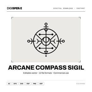 May include: A black line art graphic of an arcane compass sigil centered on a light gray background. The design features a circular frame with intersecting lines, arrows, and crescent moon shapes. Text includes DIGISPERSE and ARCANE COMPASS SIGIL.
