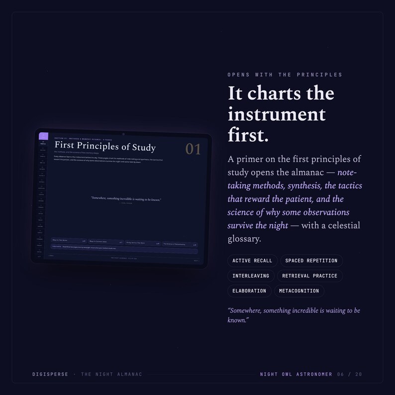 May include: A dark digital display showing First Principles of Study with text that reads: It charts the instrument first. A primer on the first principles of study opens the almanac. Includes terms: Active Recall, Spaced Repetition, Interleaving, Retrieval Practice, Elaboration, Metacognition, and the quote: Somewhere, something incredible is waiting to be known.