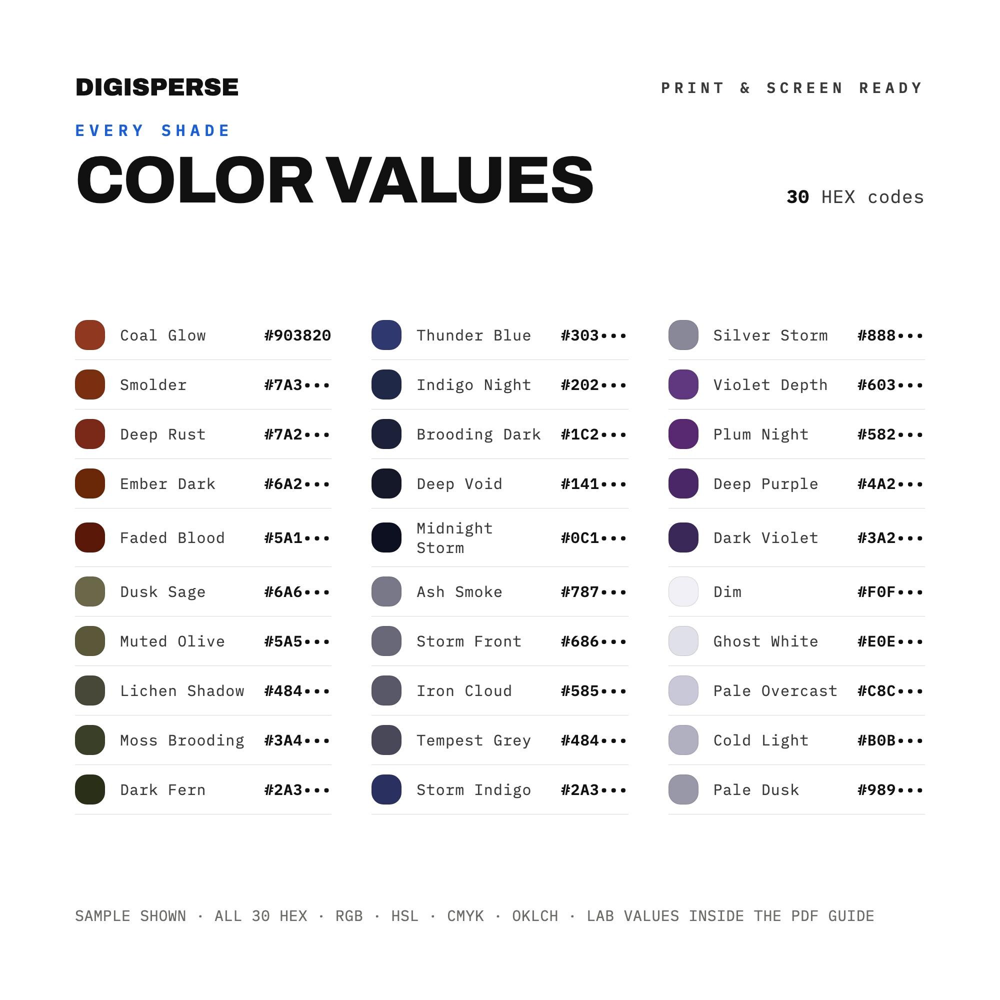Brooding Color Palette | 30 Colors | Hex RGB CMYK | Color Guide ...