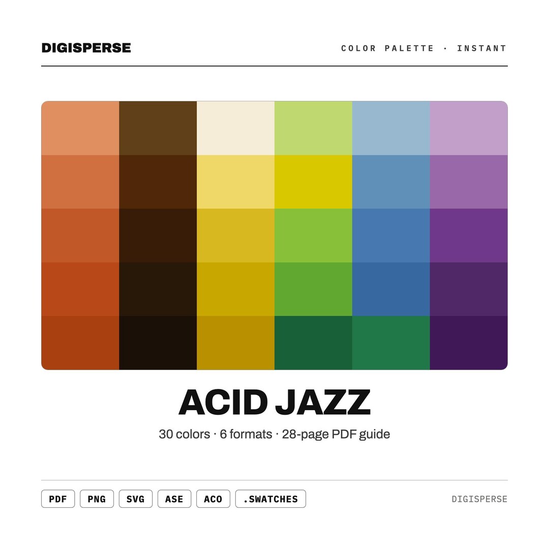 Acid Jazz Color Palette | 30 Colors | Hex RGB CMYK | Color Guide ...