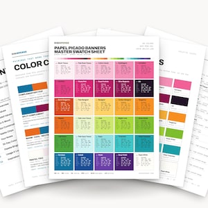 May include: A Digisperse Papel Picado Banners Master Swatch Sheet featuring a grid of 30 coloured squares with specific colour codes. The document includes text labels for colour names, HEX, RGB, HSL, CMYK, and LAB values, organised in a professional layout.