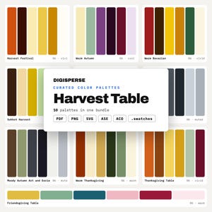 Färgschema för Thanksgiving, 10 skördepaletter för middagsinbjudningar, planering av höstbordsdekorationer och design av menykort