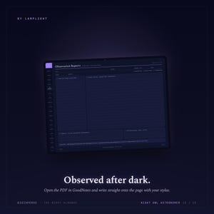 May include: A dark-themed digital planner page titled Observation Reports by Lamplight. The layout features sections for notes, connections, and summaries, with a sidebar navigation menu. Text includes Observed after dark and The Night Almanac.