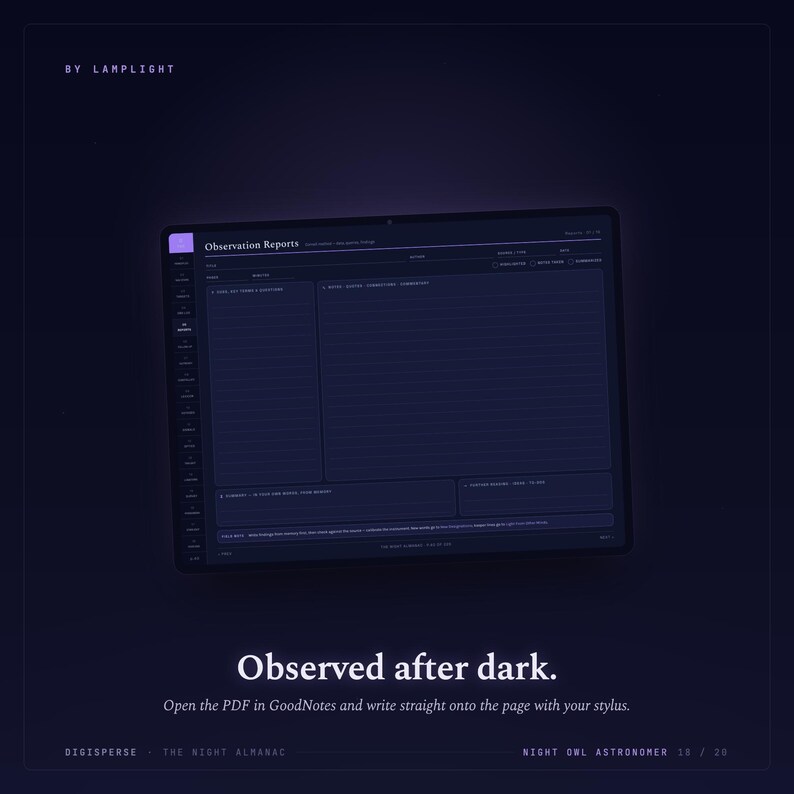 May include: A dark-themed digital planner page titled Observation Reports by Lamplight. The layout features sections for notes, connections, and summaries, with a sidebar navigation menu. Text includes Observed after dark and The Night Almanac.