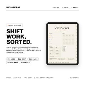 Shift Work Planner July 2026 - June 2027 | Warm Minimal Digital PDF, 548 Pages | Rotation, Pay + Sleep Trackers | 3 Week Starts Included