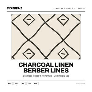 May include: A seamless pattern design titled CHARCOAL LINEN BERBER LINES featuring a beige background with a repeating grid of dark charcoal wavy lines forming diamond shapes, each containing a small centered square with a horizontal dash inside.