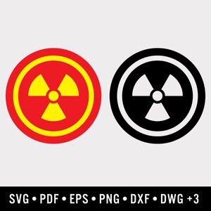 May include: Two versions of a radiation warning symbol. One is yellow with a red background and the other is black with a white background.