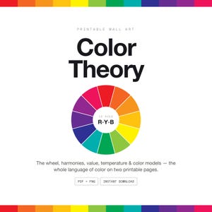 May include: A printable wall art graphic titled Color Theory featuring a circular color wheel with 12 hues and the text R.Y.B. The text below reads: The wheel, harmonies, value, temperature & color models — the whole language of color on two printable pages.